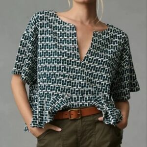 Anthropologie Teal and Cream Geometric Blouse